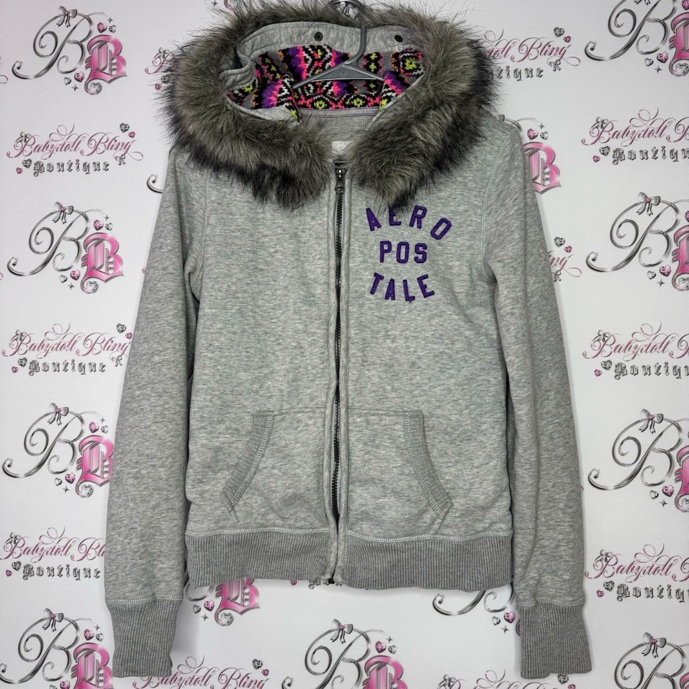 Aeropostale hoodie fur trim hood knit crochet neon inside hood zip up sweater